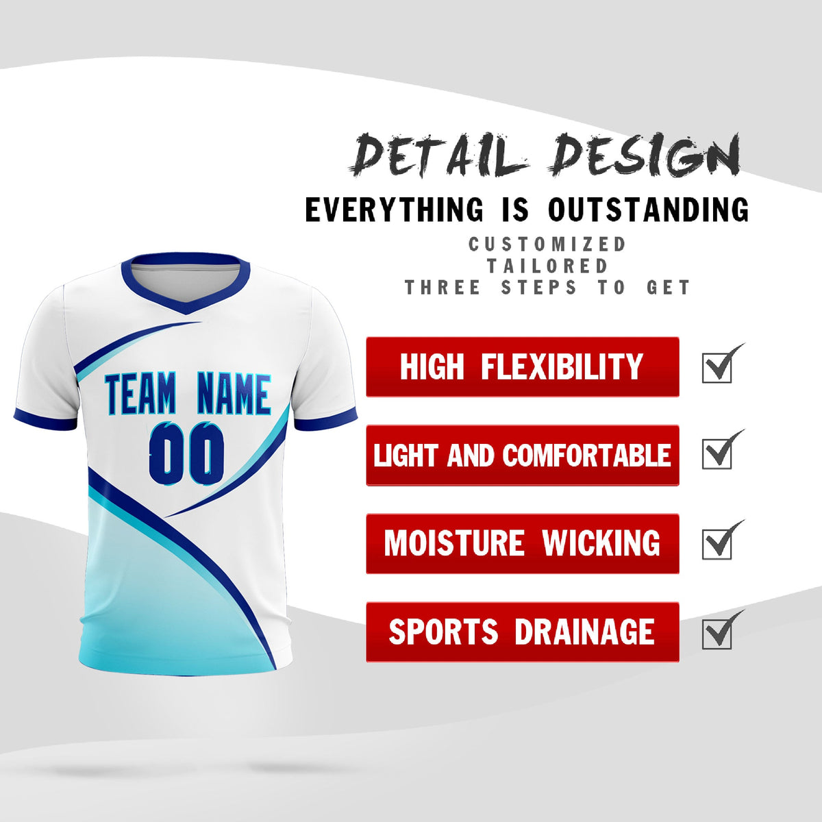 Custom White Sky Blue Color Block Training Uniform For Men Soccer Sets Jersey