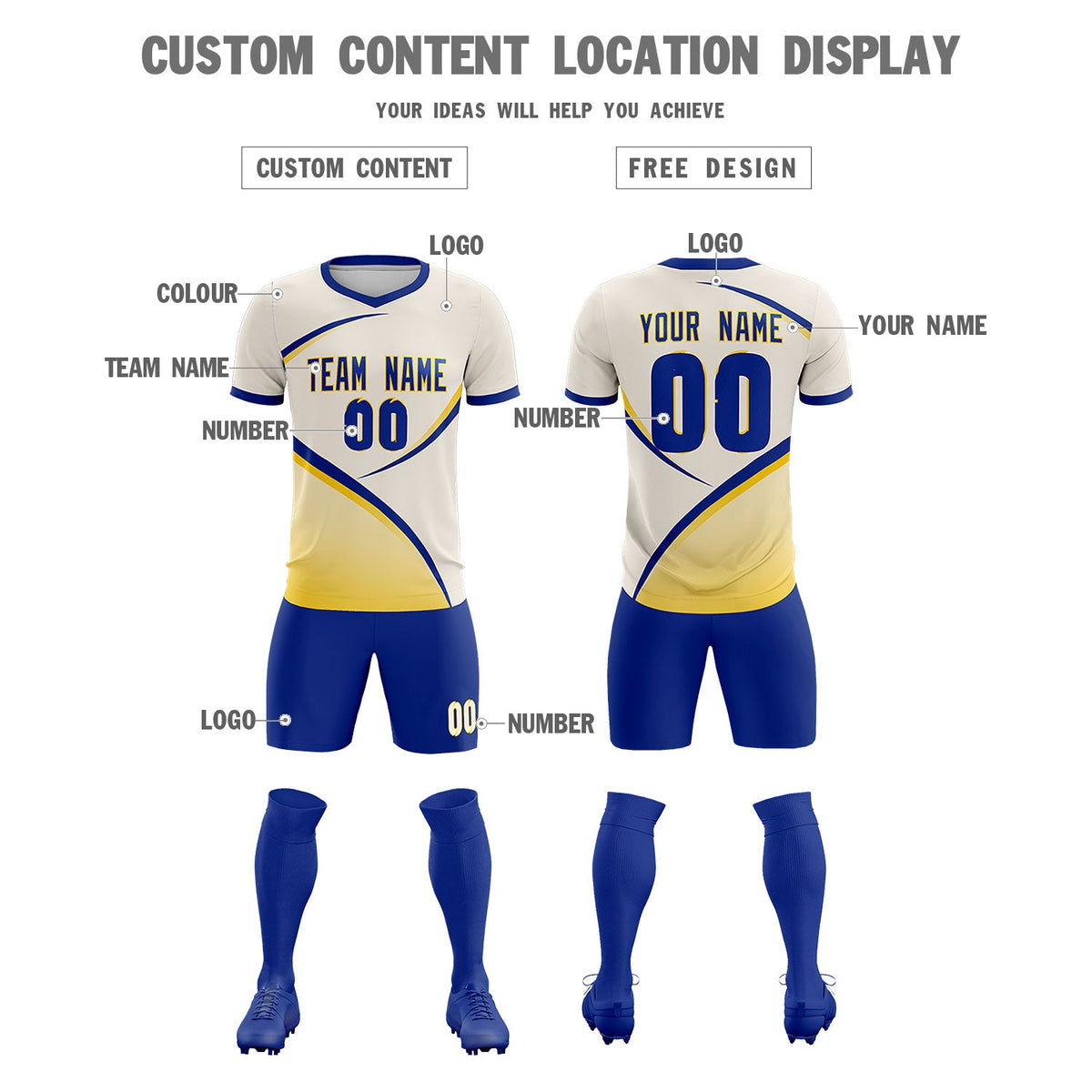 Custom Cream Royal Color Block Training Uniform For Men Soccer Sets Jersey
