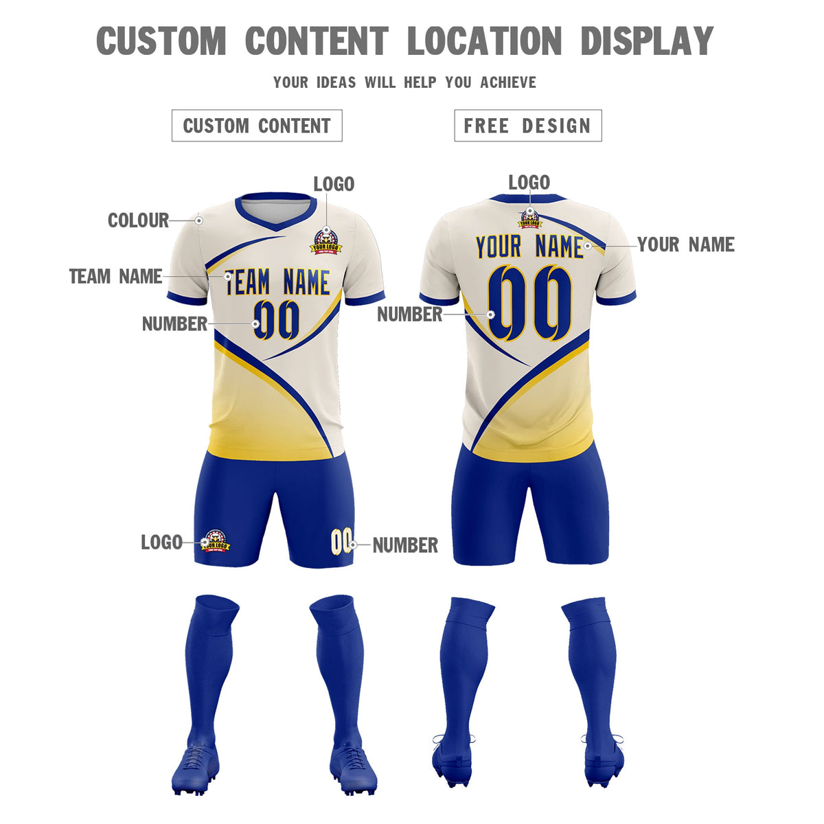 Custom Cream Royal Color Block Training Uniform For Men Soccer Sets Jersey