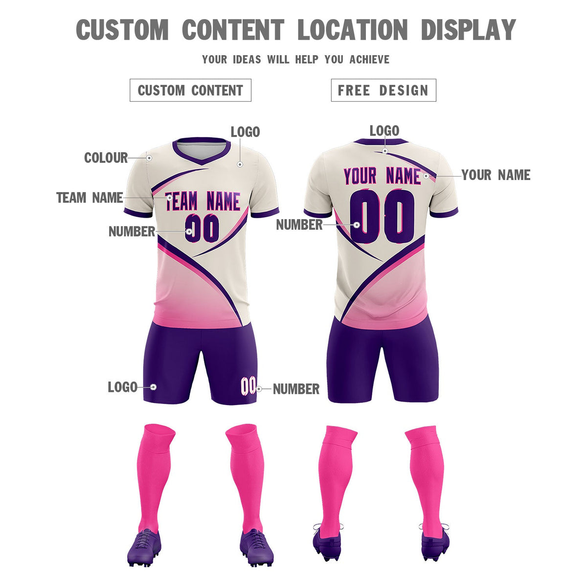 Custom Cream Purple Color Block Training Uniform For Men Soccer Sets Jersey