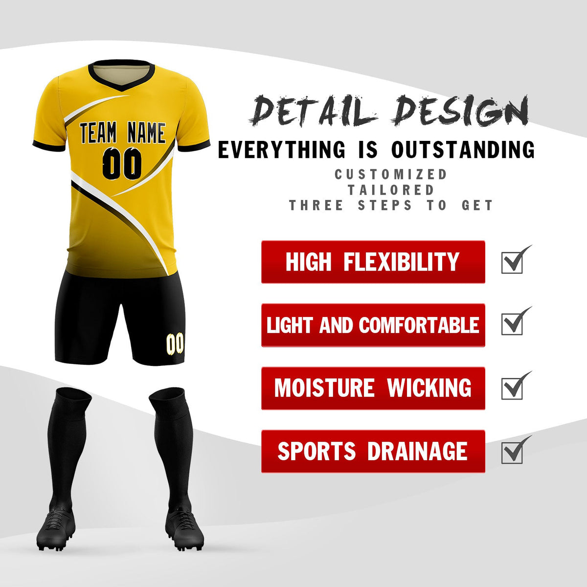 Custom Gold Black Color Block Training Uniform For Men Soccer Sets Jersey