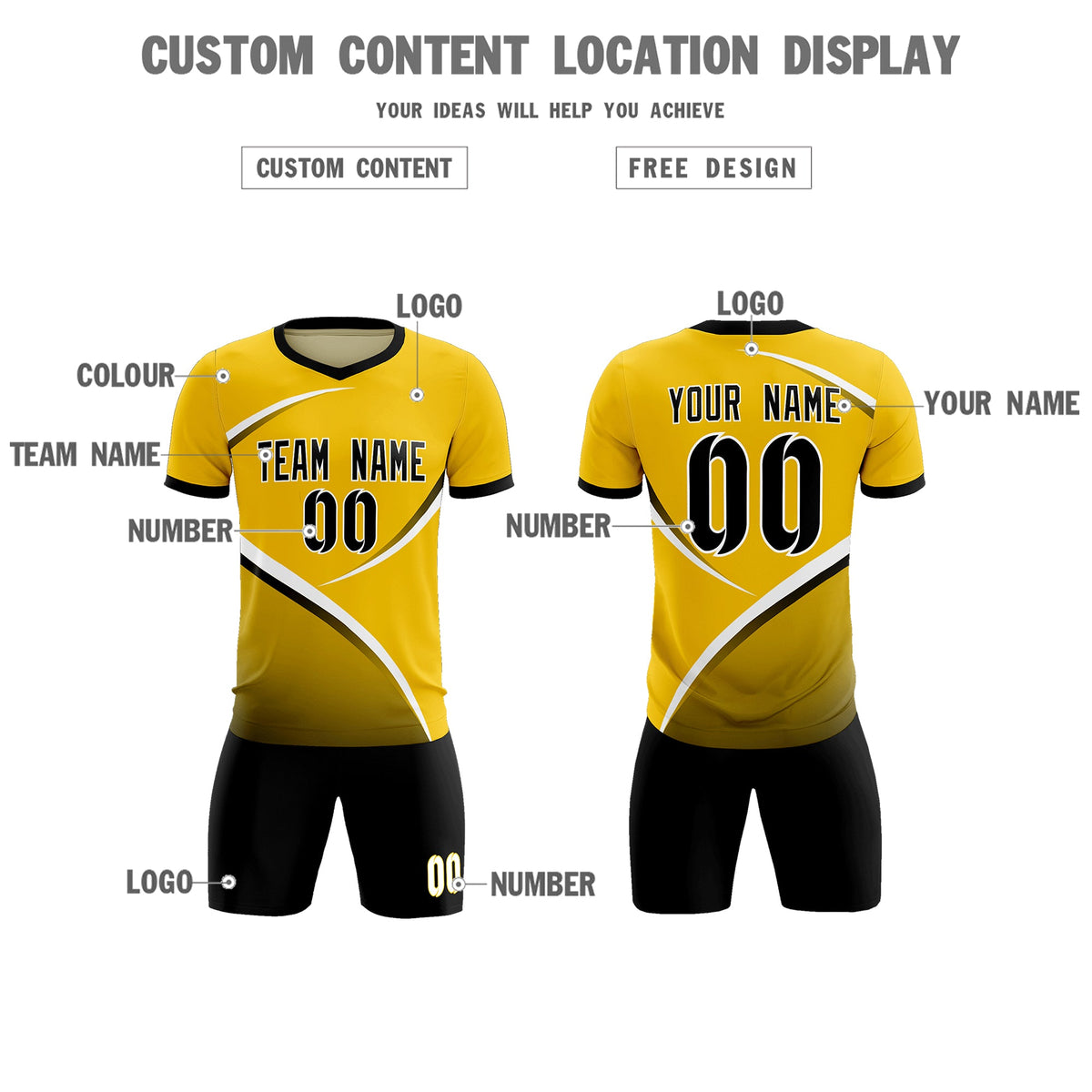 Custom Gold Black Color Block Training Uniform For Men Soccer Sets Jersey