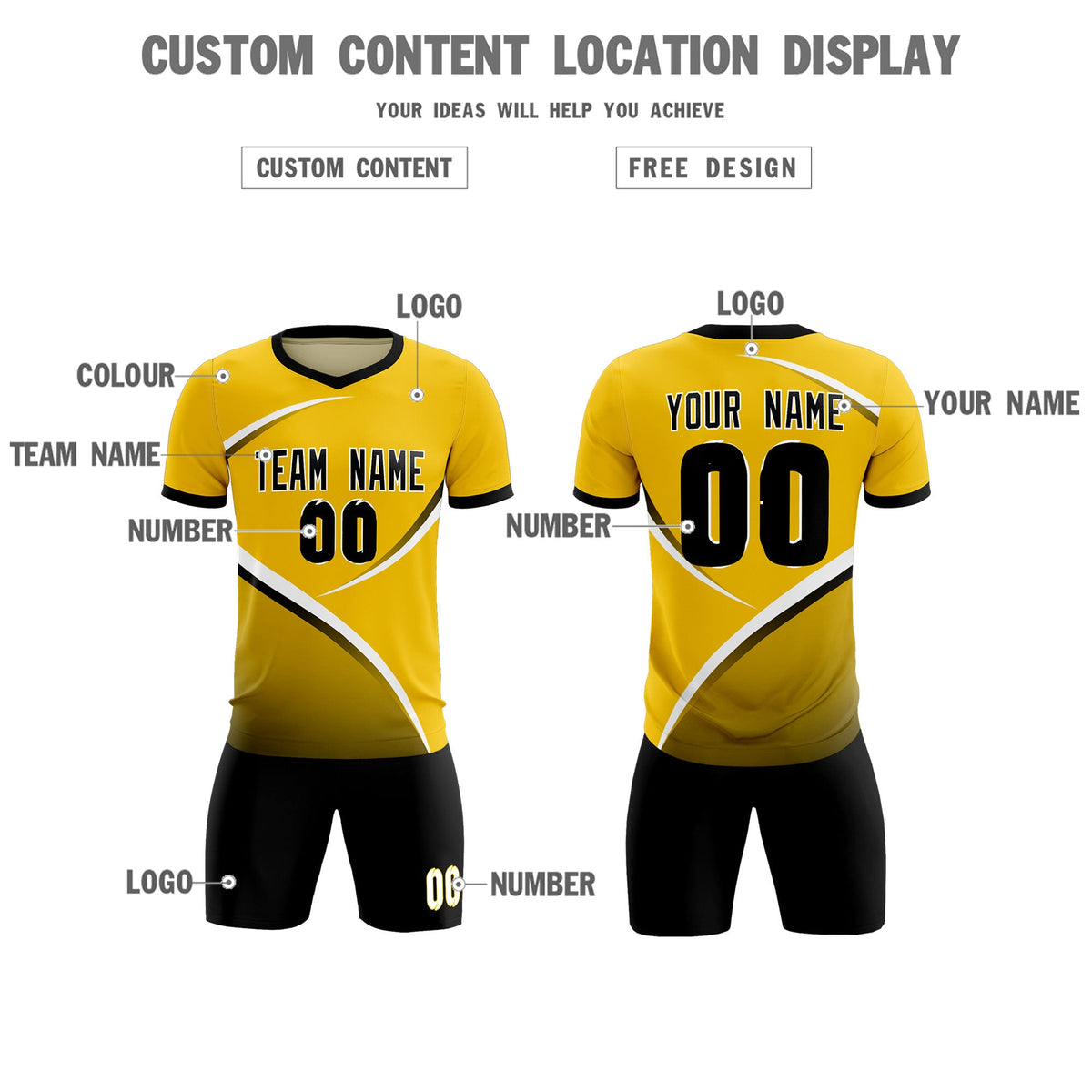 Custom Gold Black Color Block Training Uniform For Men Soccer Sets Jersey