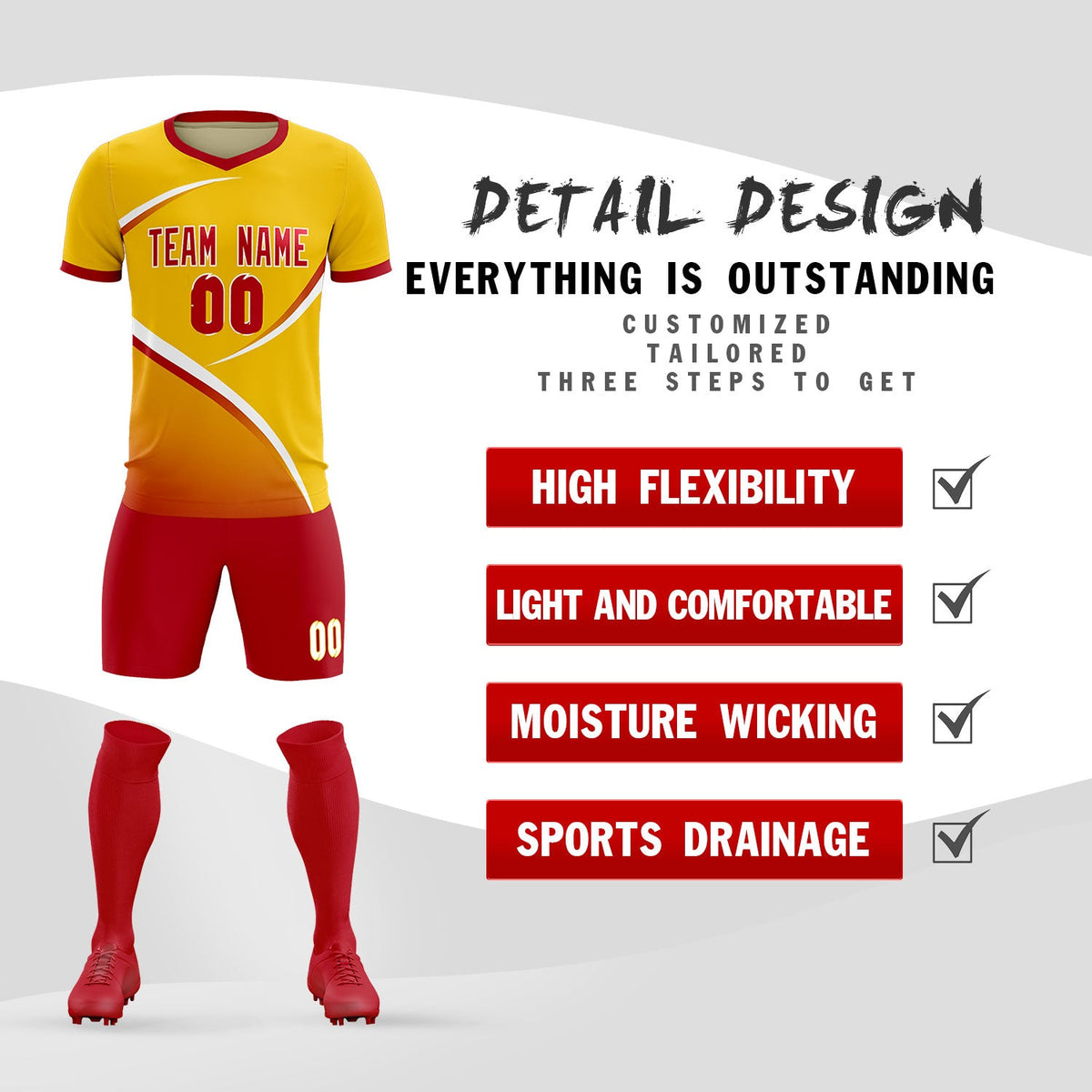 Custom Gold Red Color Block Training Uniform For Men Soccer Sets Jersey
