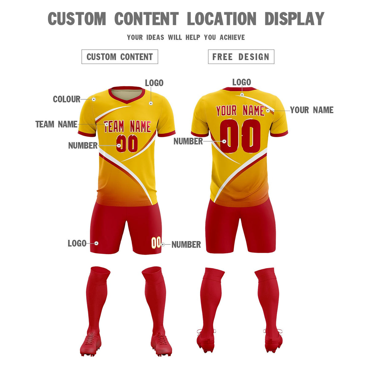 Custom Gold Red Color Block Training Uniform For Men Soccer Sets Jersey
