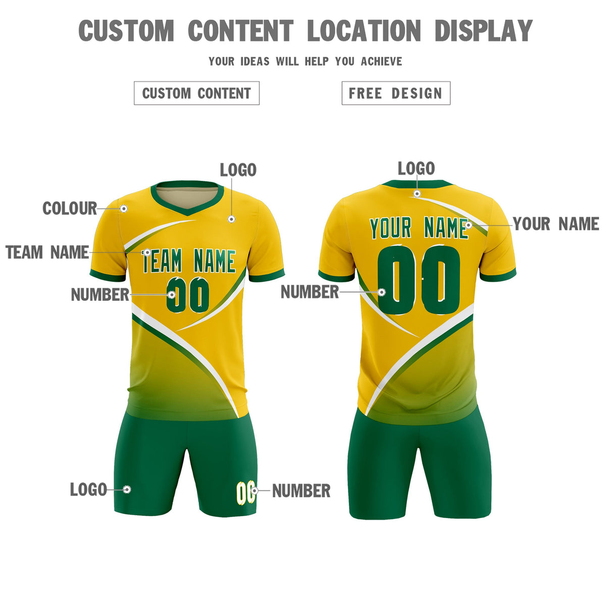 Custom Gold Kelly Green Color Block Training Uniform For Men Soccer Sets Jersey