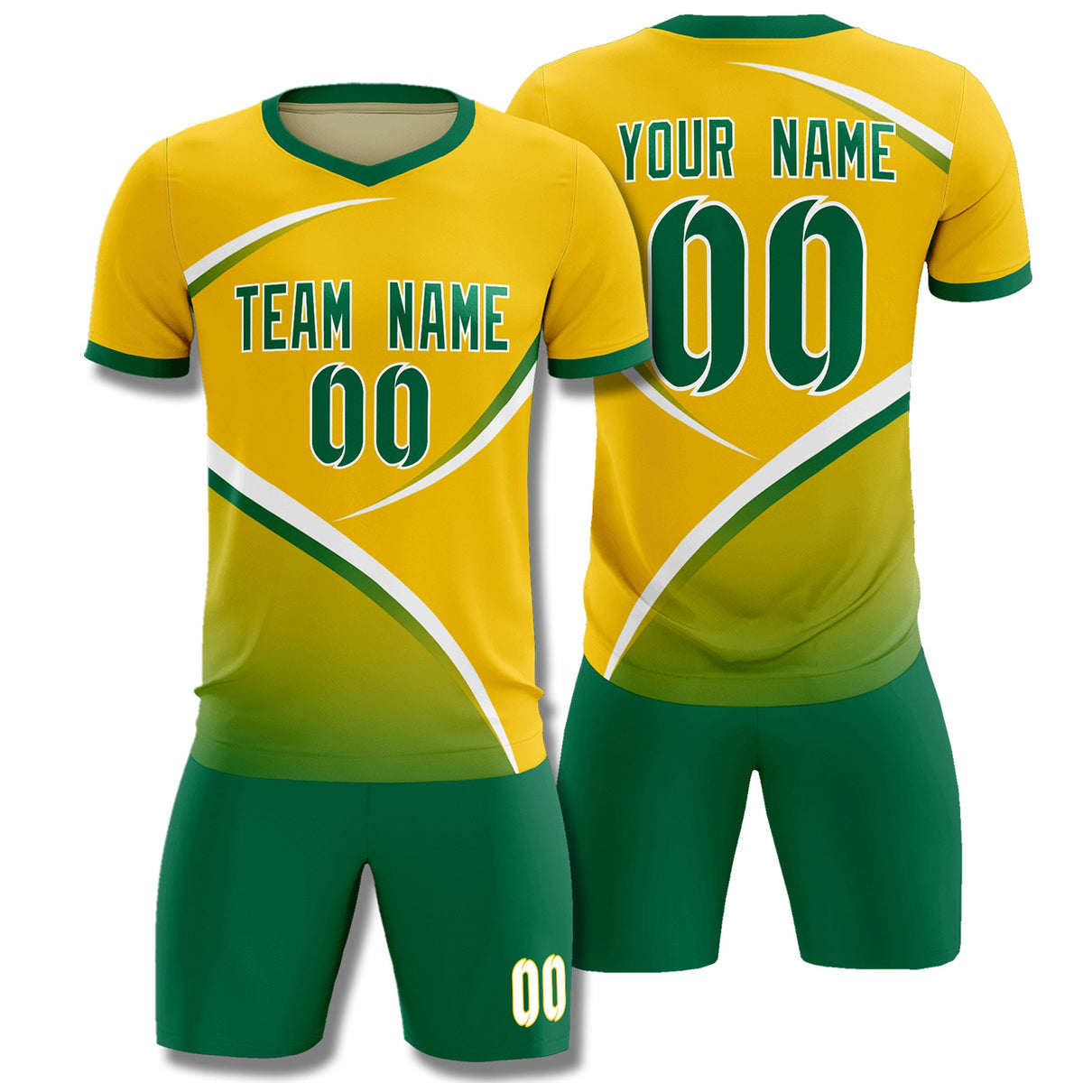 Custom Gold Kelly Green Color Block Training Uniform For Men Soccer Sets Jersey