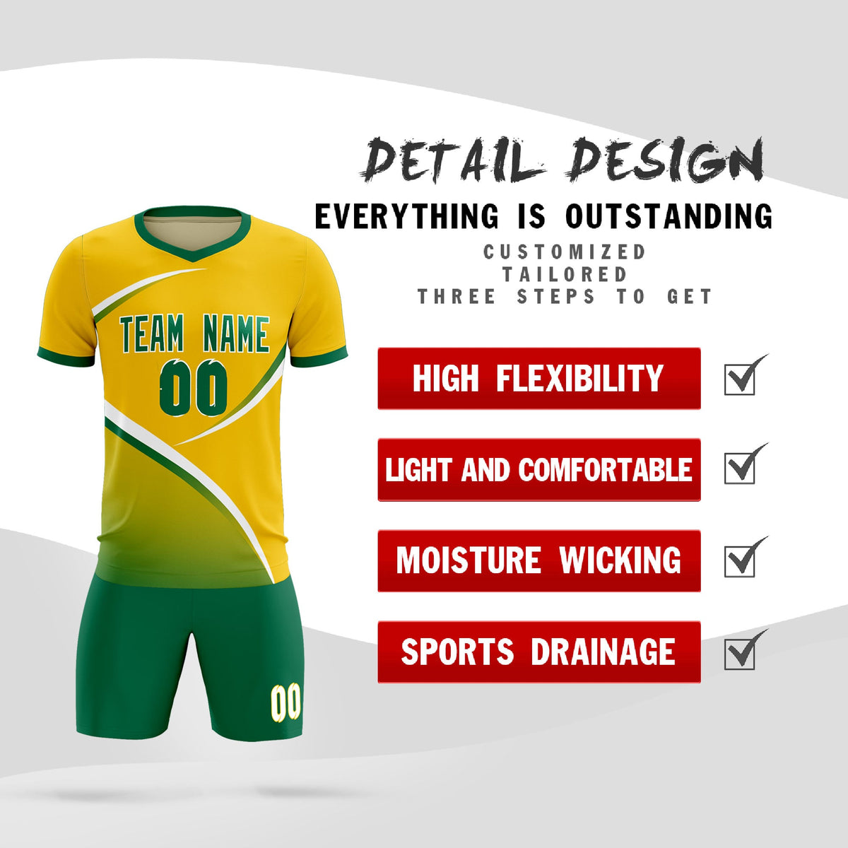 Custom Gold Kelly Green Color Block Training Uniform For Men Soccer Sets Jersey