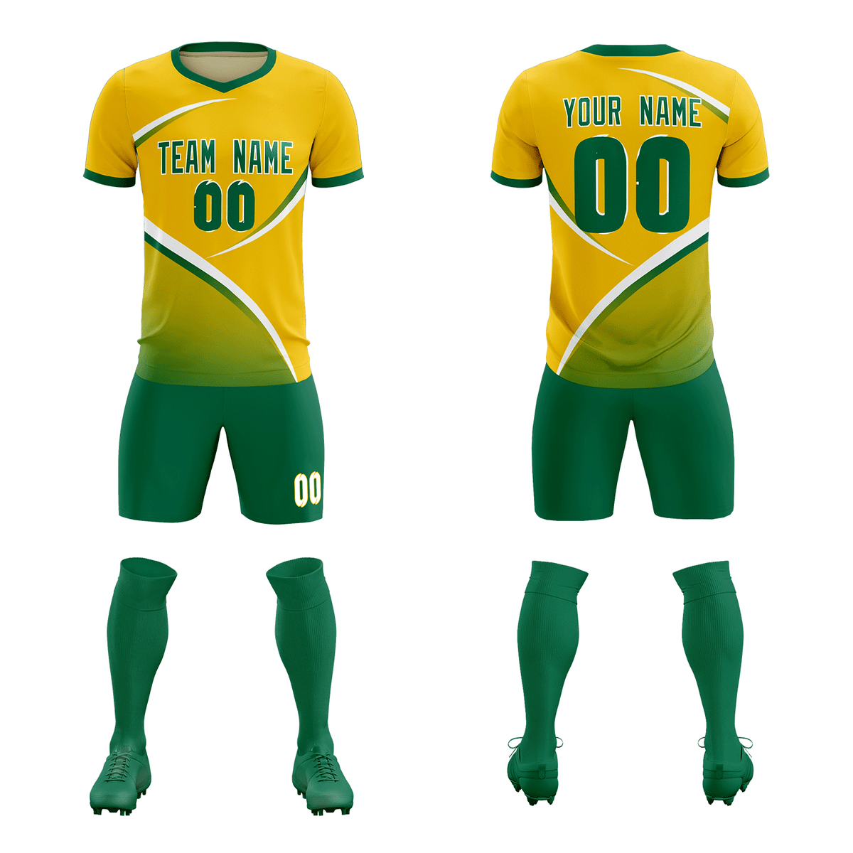 Custom Gold Kelly Green Color Block Training Uniform For Men Soccer Sets Jersey