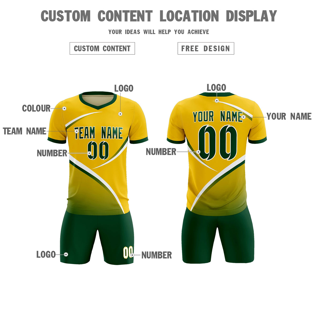Custom Gold Green Color Block Training Uniform For Men Soccer Sets Jersey