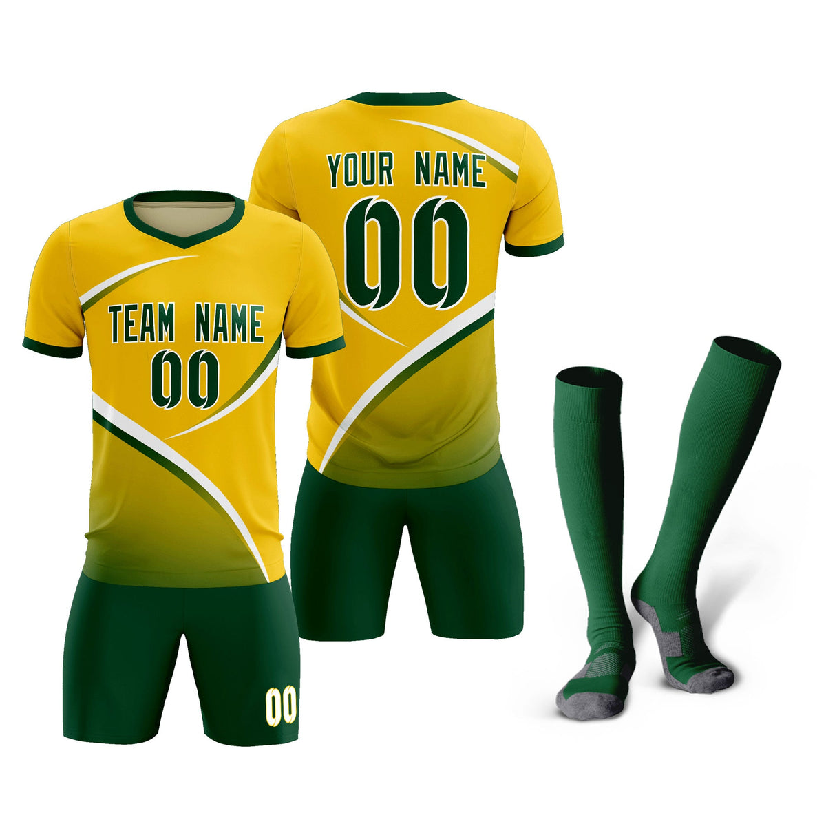 Custom Gold Green Color Block Training Uniform For Men Soccer Sets Jersey