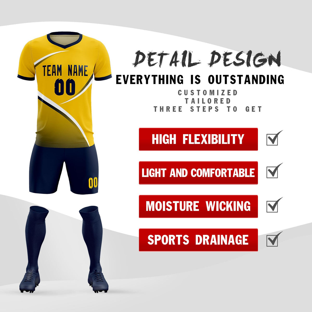 Custom Gold Navy Color Block Training Uniform For Men Soccer Sets Jersey