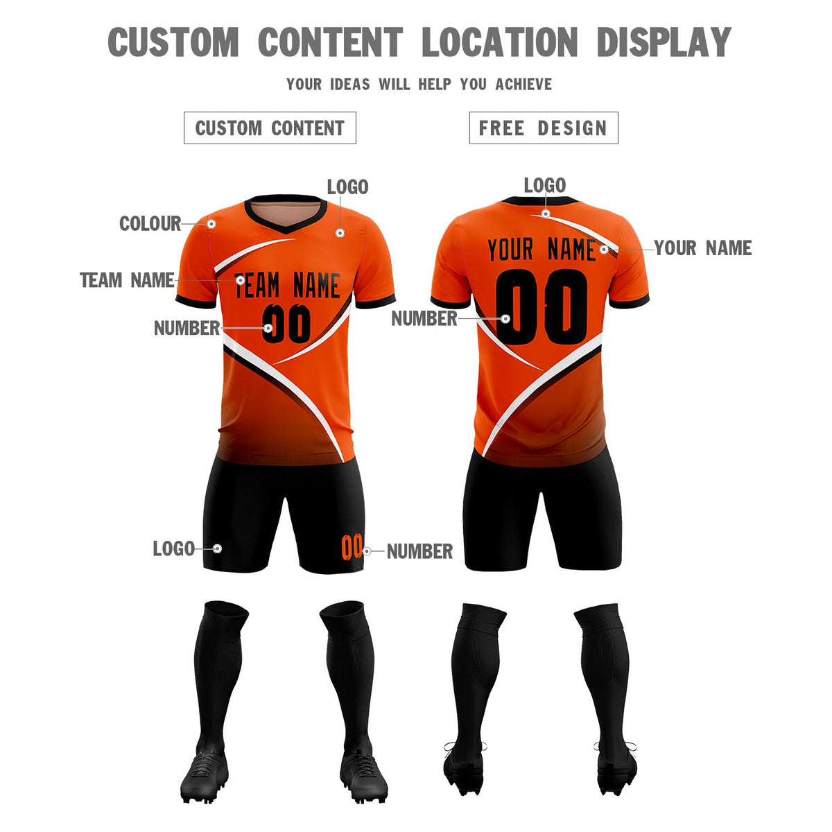 Custom Orange Black Color Block Training Uniform For Men Soccer Sets Jersey
