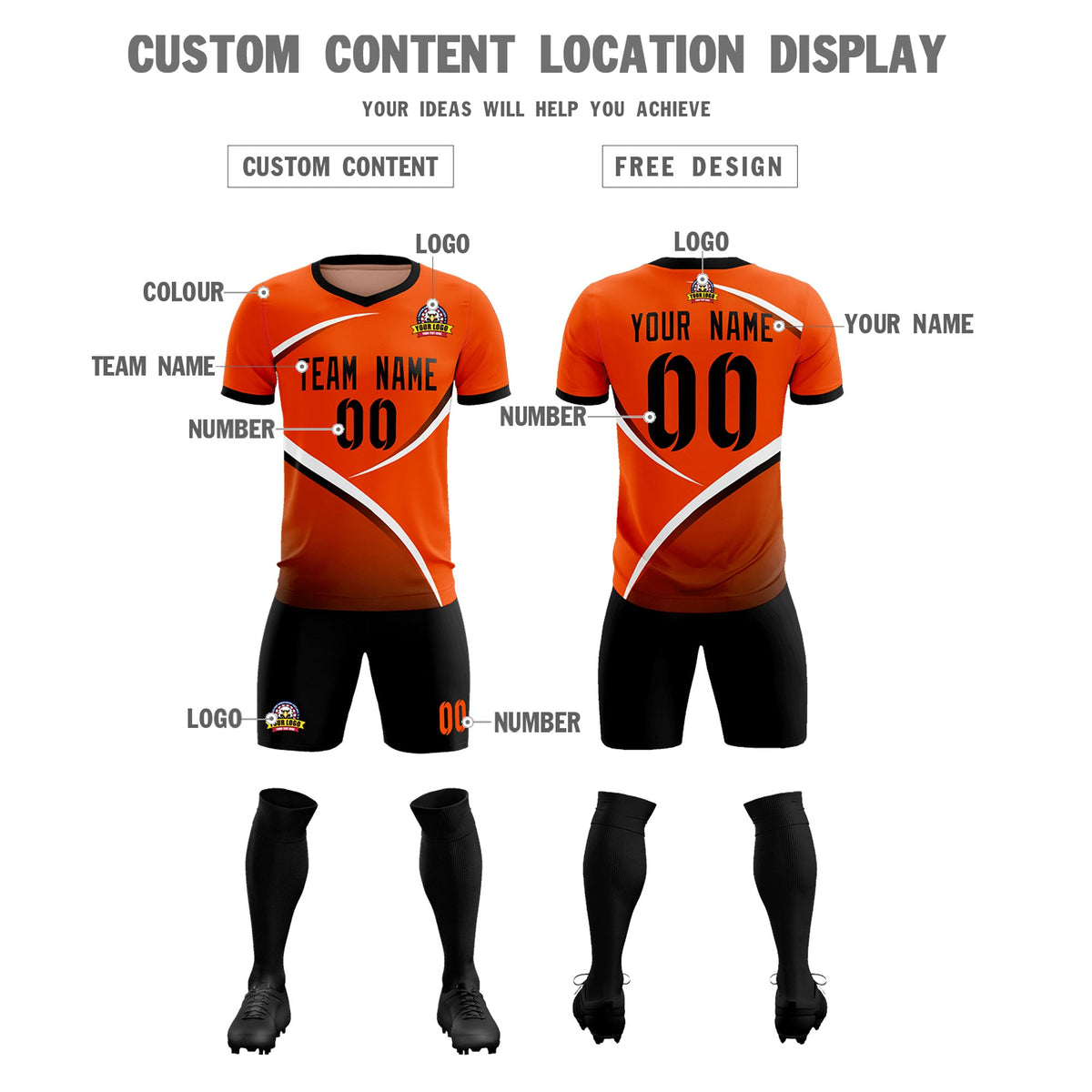 Custom Orange Black Color Block Training Uniform For Men Soccer Sets Jersey
