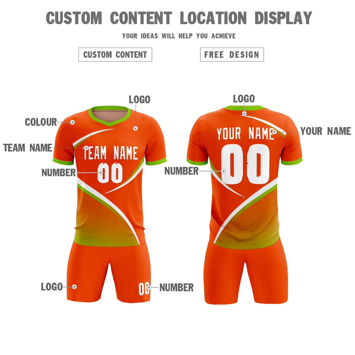Custom Orange Neon Green Color Block Training Uniform For Men Soccer Sets Jersey