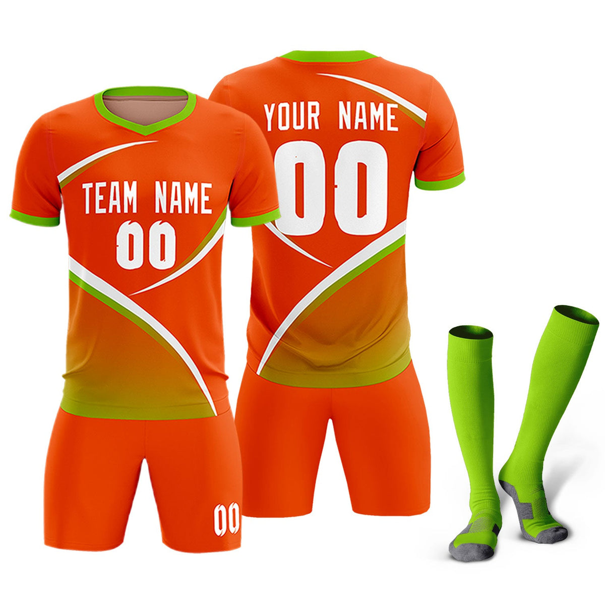 Custom Orange Neon Green Color Block Training Uniform For Men Soccer Sets Jersey