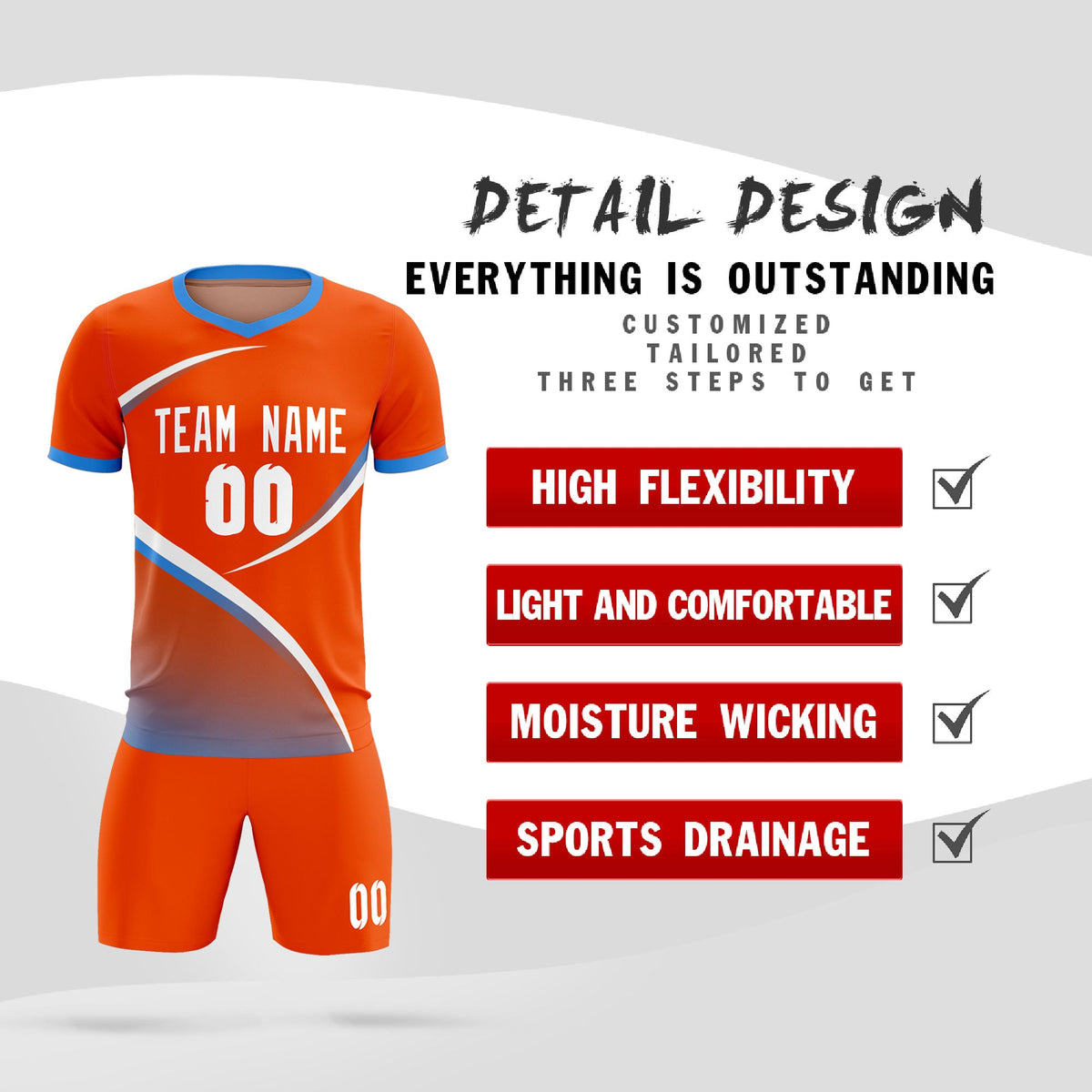 Custom Orange Powder Blue Color Block Training Uniform For Men Soccer Sets Jersey