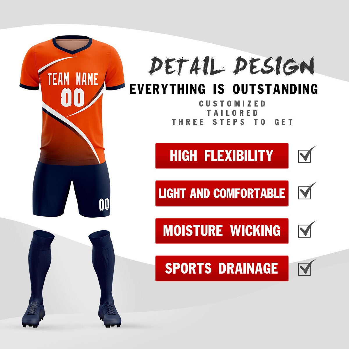 Custom Orange Navy Color Block Training Uniform For Men Soccer Sets Jersey