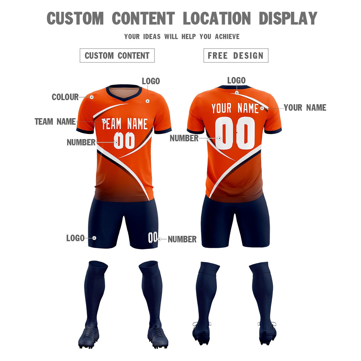 Custom Orange Navy Color Block Training Uniform For Men Soccer Sets Jersey