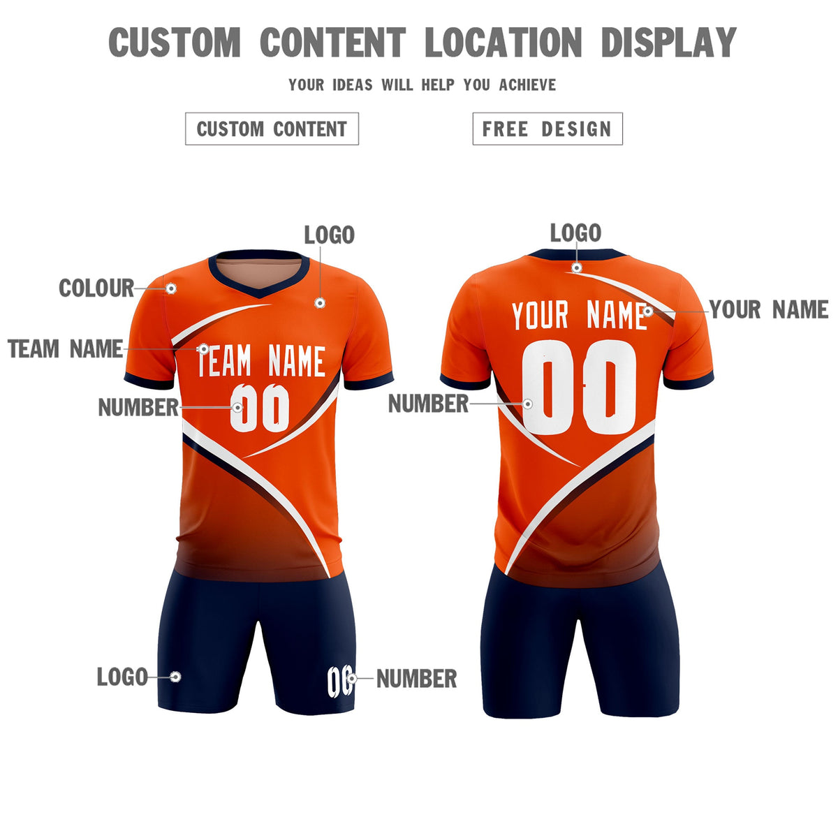 Custom Orange Navy Color Block Training Uniform For Men Soccer Sets Jersey