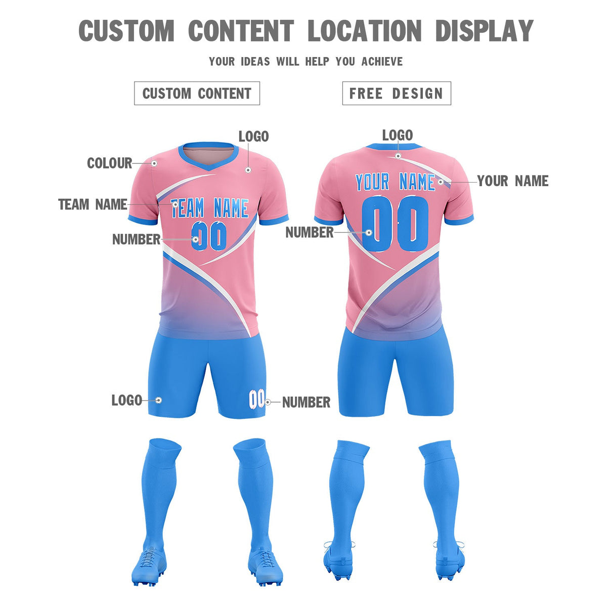 Custom Light Pink Powder Blue Color Block Training Uniform For Men Soccer Sets Jersey