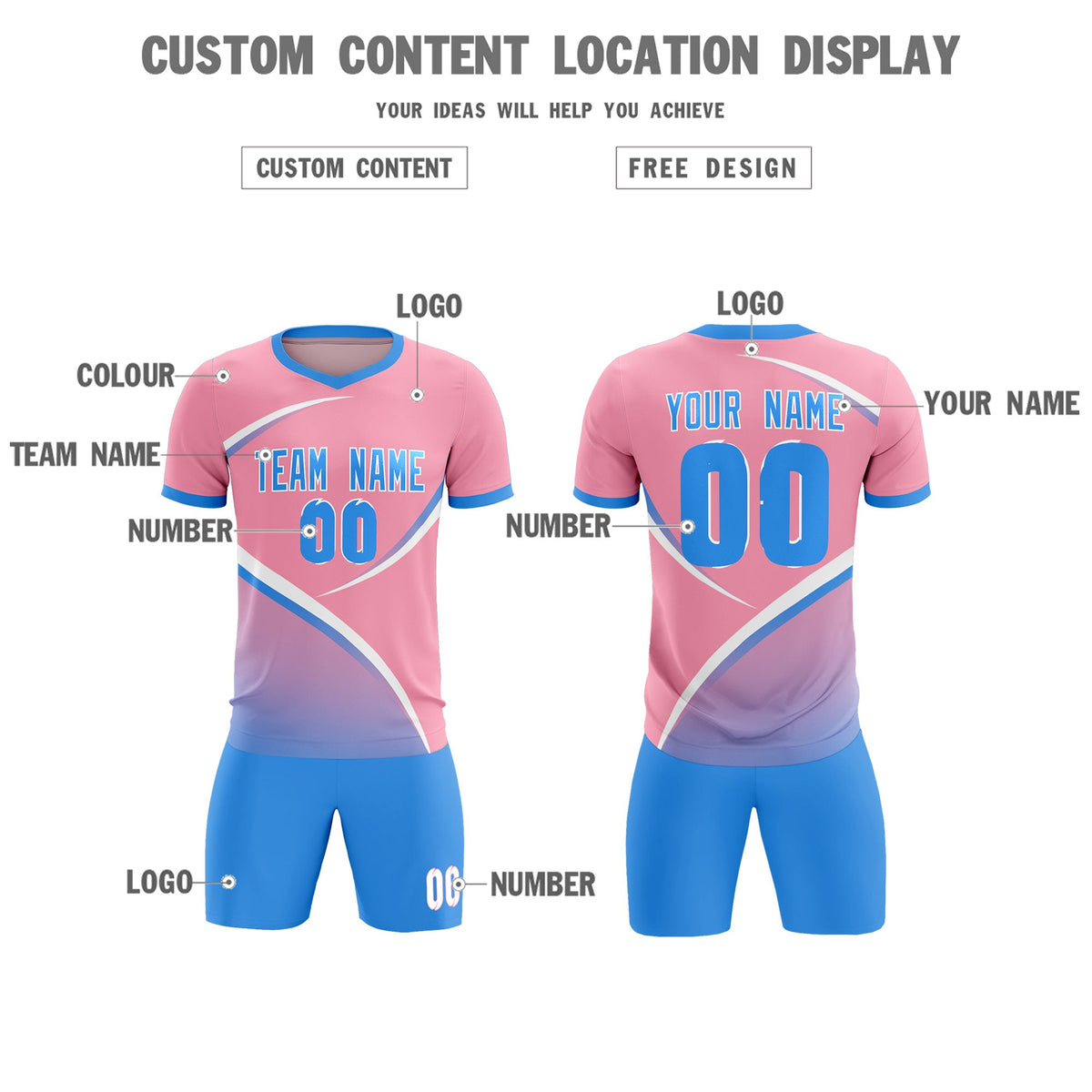 Custom Light Pink Powder Blue Color Block Training Uniform For Men Soccer Sets Jersey