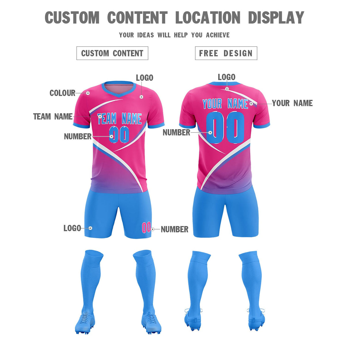 Custom Pink Powder Blue Color Block Training Uniform For Men Soccer Sets Jersey