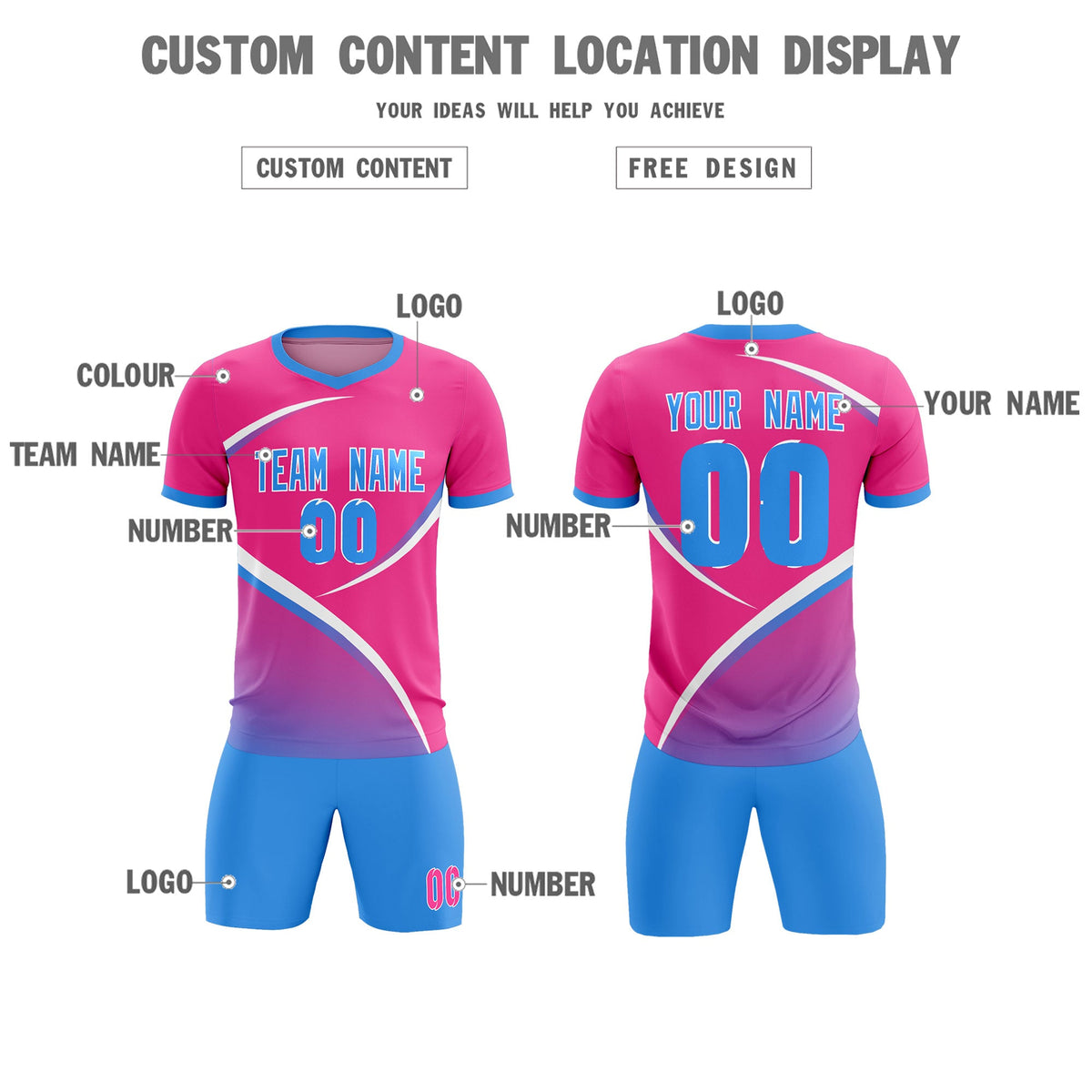 Custom Pink Powder Blue Color Block Training Uniform For Men Soccer Sets Jersey