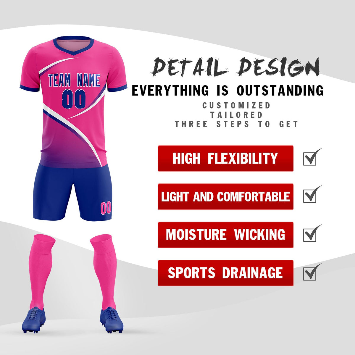 Custom Pink Royal Color Block Training Uniform For Men Soccer Sets Jersey