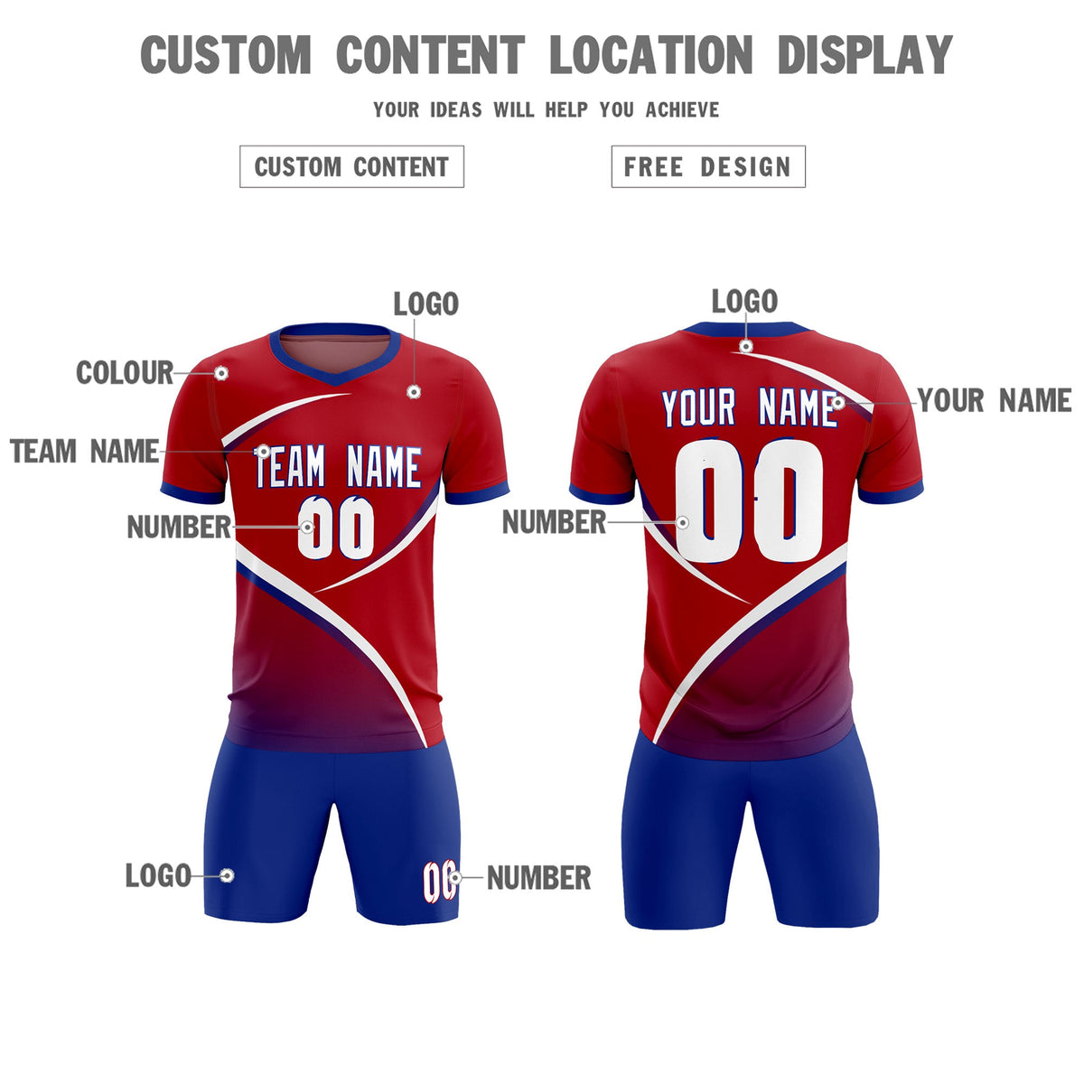 Custom Red Royal Color Block Training Uniform For Men Soccer Sets Jersey
