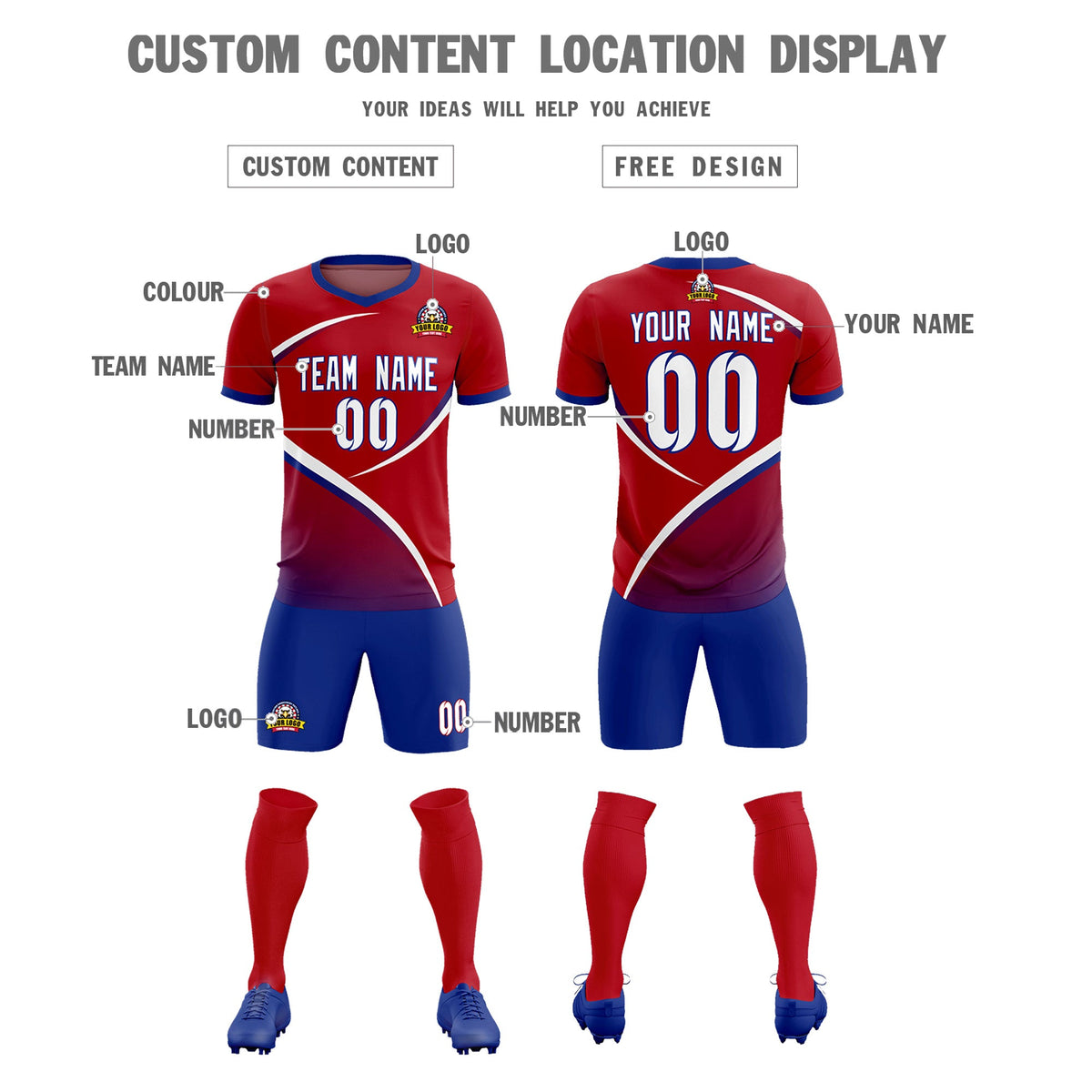 Custom Red Royal Color Block Training Uniform For Men Soccer Sets Jersey