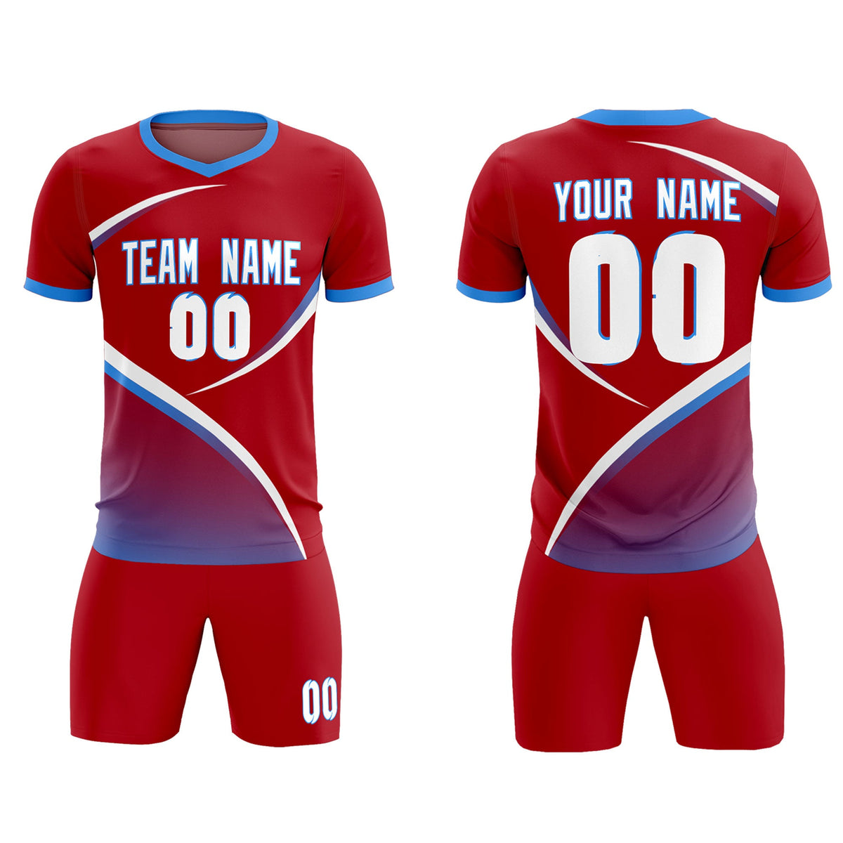 Custom Red Powder Blue Color Block Training Uniform For Men Soccer Sets Jersey