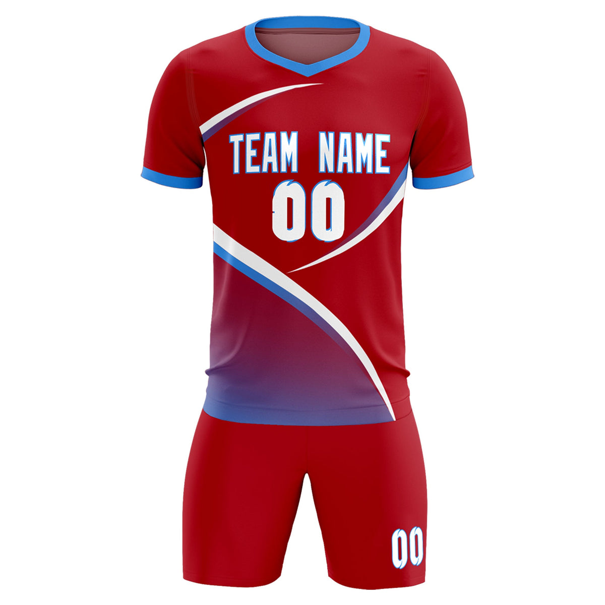 Custom Red Powder Blue Color Block Training Uniform For Men Soccer Sets Jersey