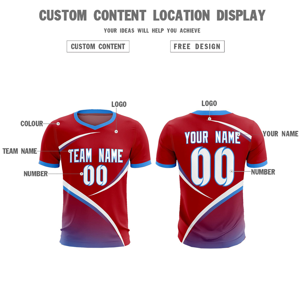 Custom Red Powder Blue Color Block Training Uniform For Men Soccer Sets Jersey