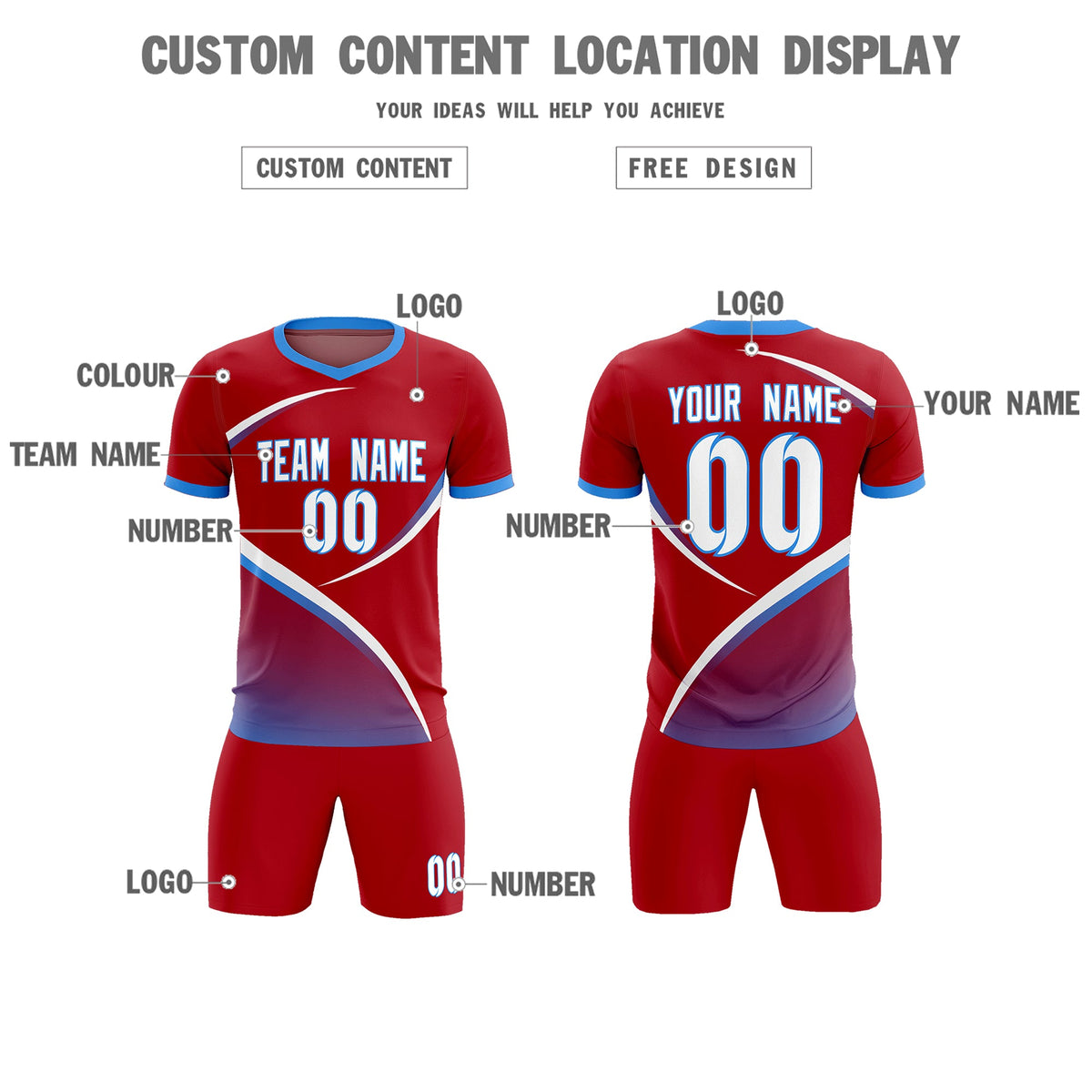 Custom Red Powder Blue Color Block Training Uniform For Men Soccer Sets Jersey