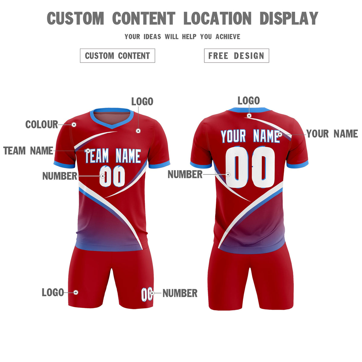 Custom Red Powder Blue Color Block Training Uniform For Men Soccer Sets Jersey