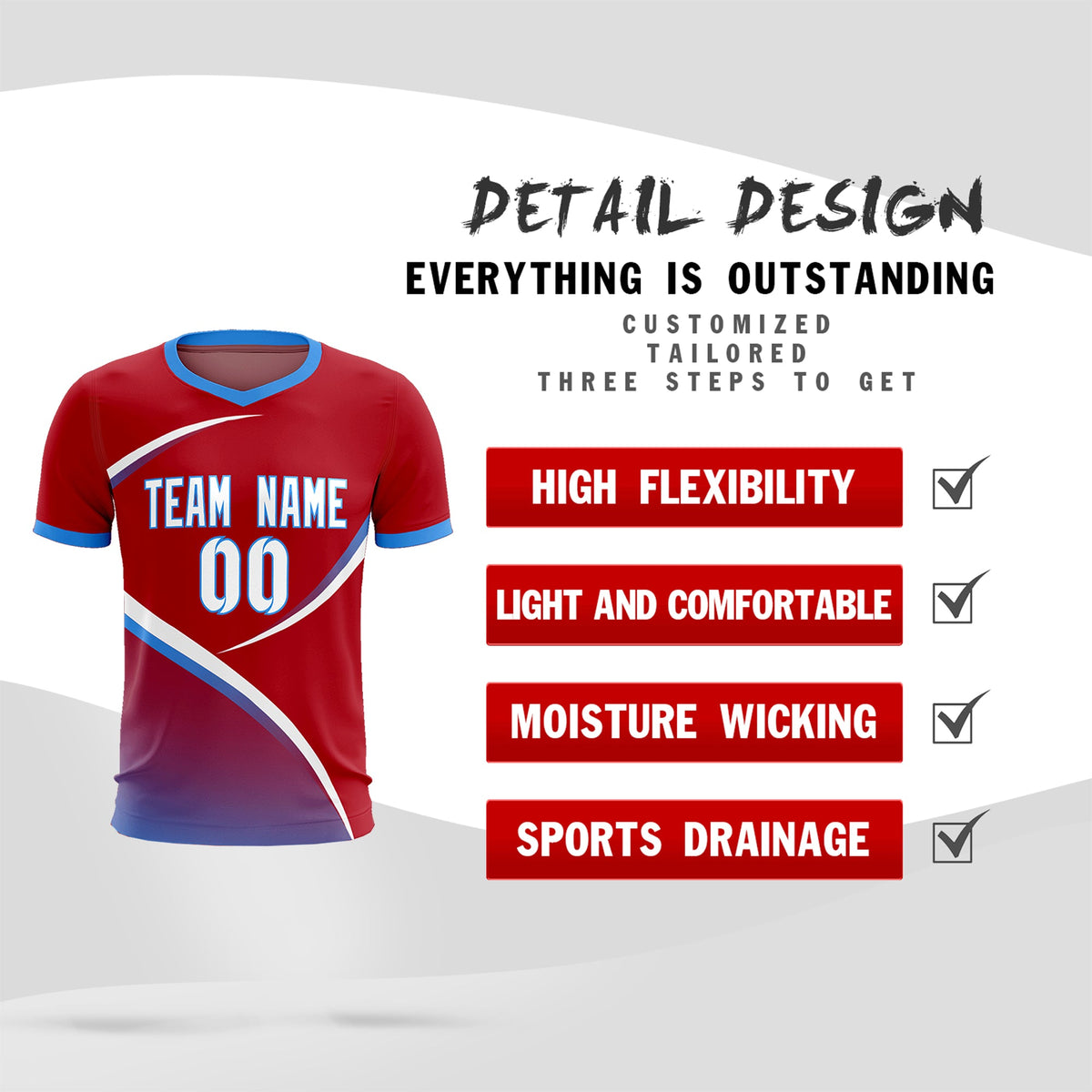 Custom Red Powder Blue Color Block Training Uniform For Men Soccer Sets Jersey