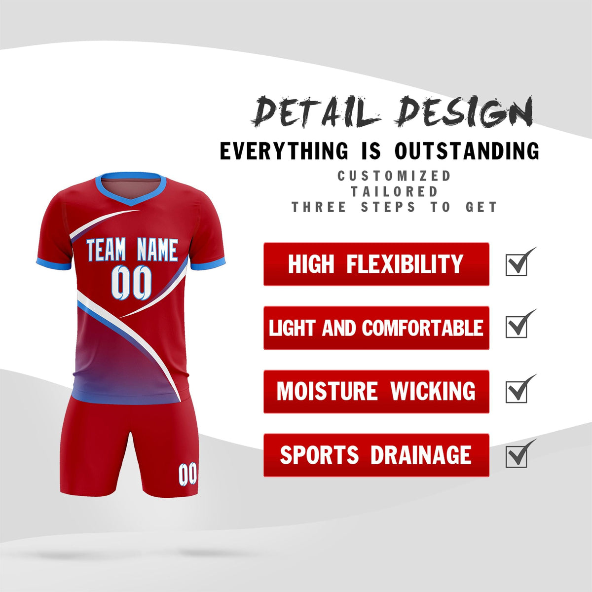 Custom Red Powder Blue Color Block Training Uniform For Men Soccer Sets Jersey
