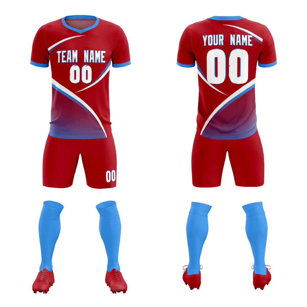 Custom Red Powder Blue Color Block Training Uniform For Men Soccer Sets Jersey