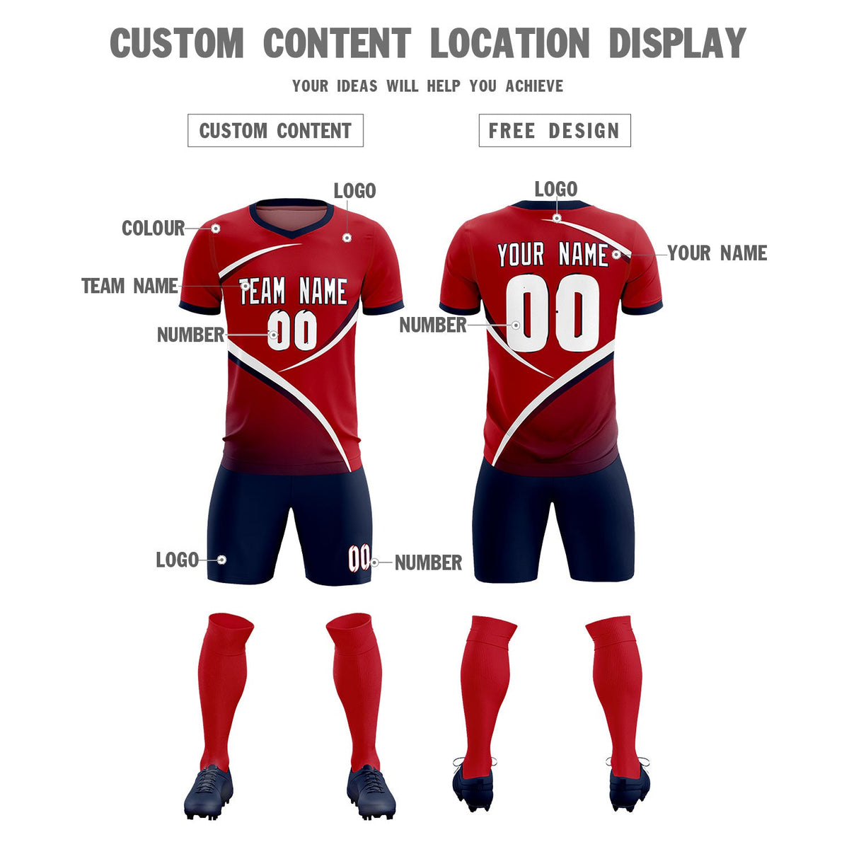 Custom Red Navy Color Block Training Uniform For Men Soccer Sets Jersey