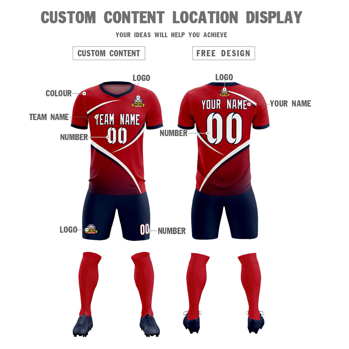 Custom Red Navy Color Block Training Uniform For Men Soccer Sets Jersey