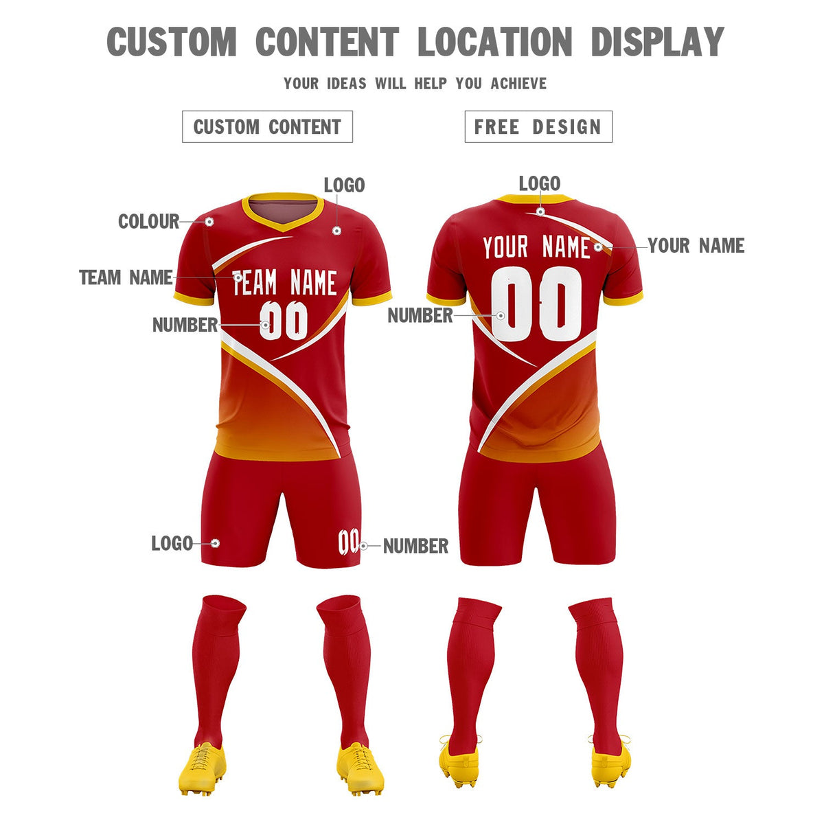 Custom Red Gold Color Block Training Uniform For Men Soccer Sets Jersey