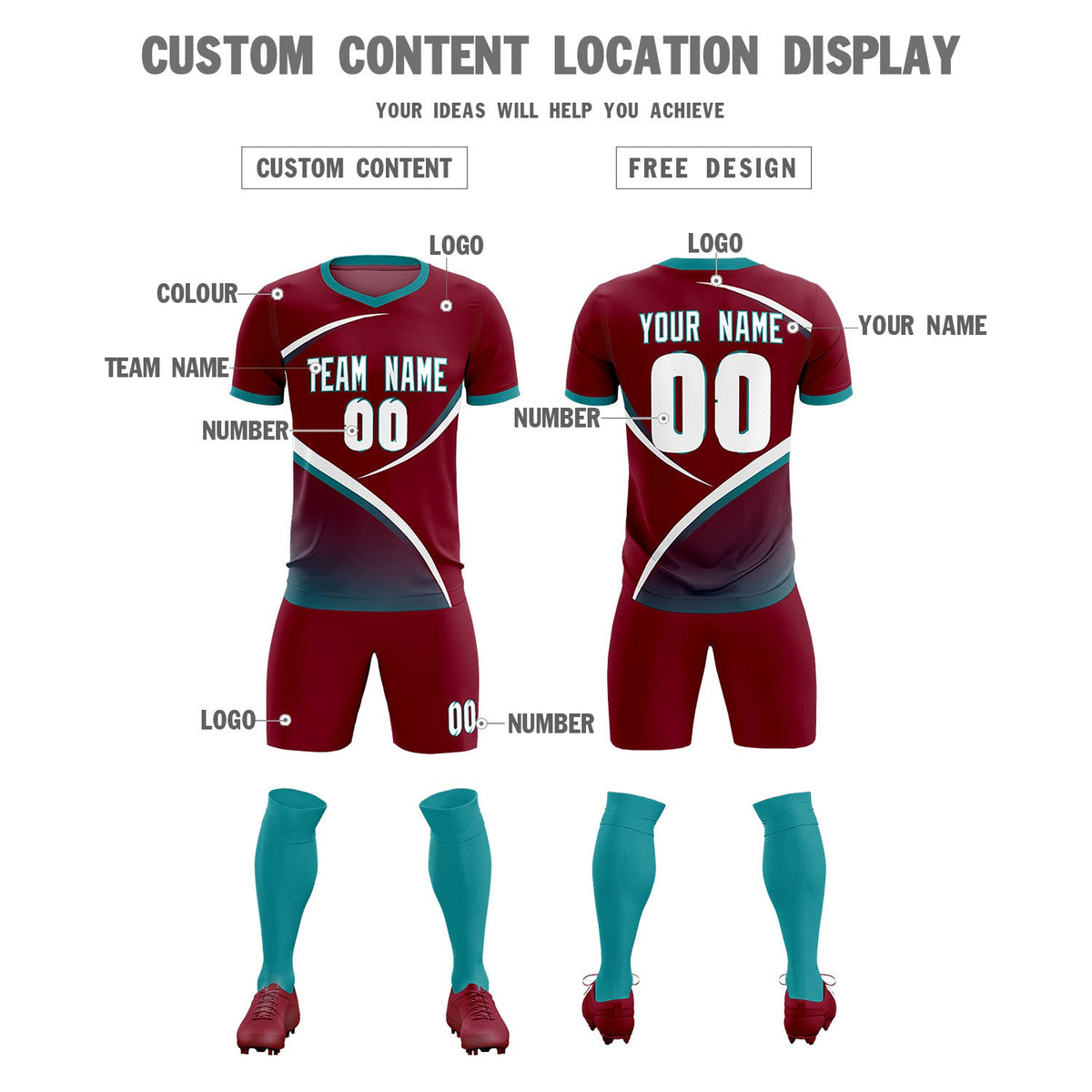 Custom Crimson Aqua Color Block Training Uniform For Men Soccer Sets Jersey