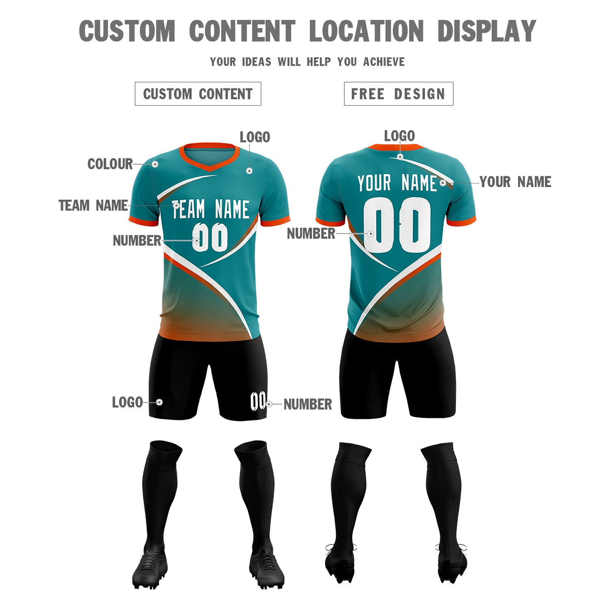 Custom Aqua Orange Color Block Training Uniform For Men Soccer Sets Jersey