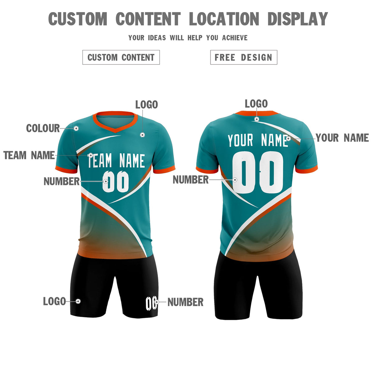 Custom Aqua Orange Color Block Training Uniform For Men Soccer Sets Jersey