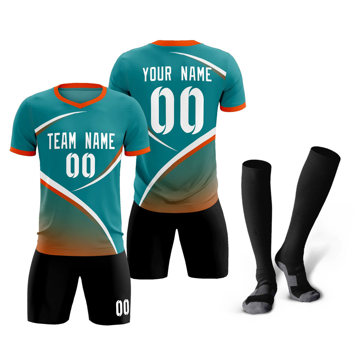 Custom Aqua Orange Color Block Training Uniform For Men Soccer Sets Jersey