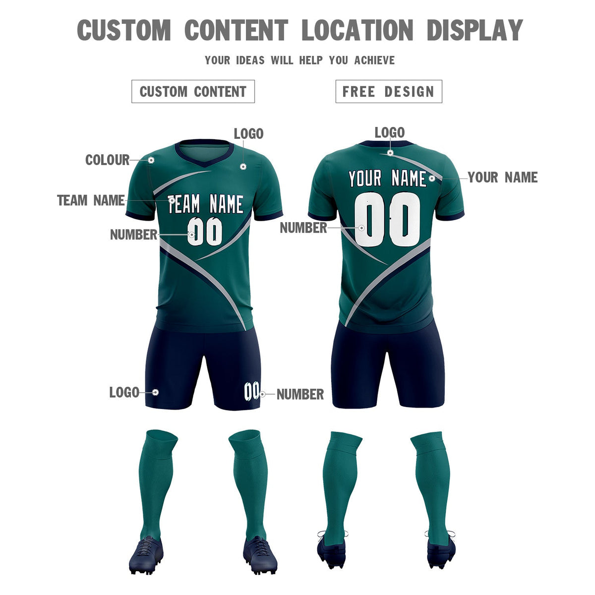 Custom Aqua Navy Color Block Training Uniform For Men Soccer Sets Jersey