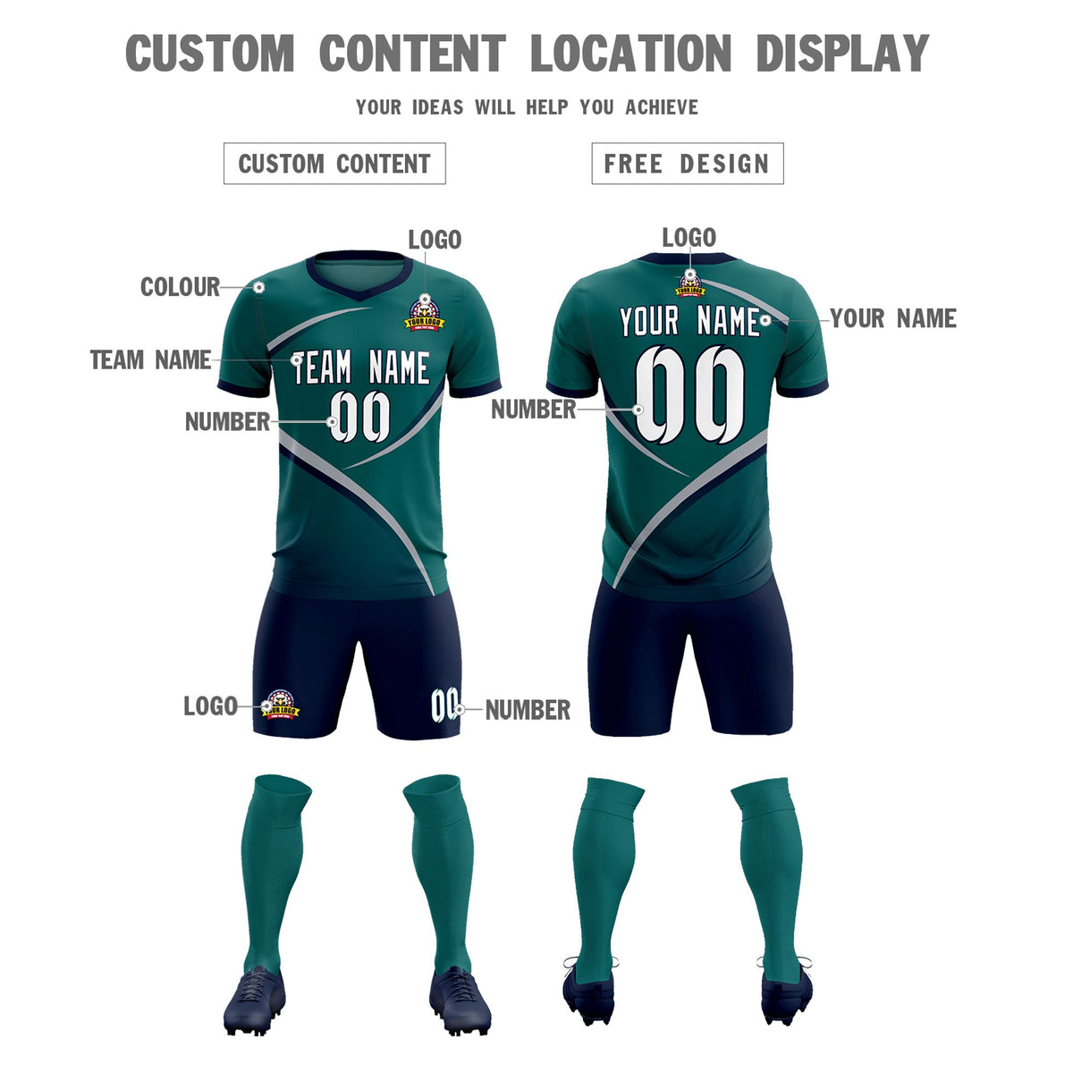 Custom Aqua Navy Color Block Training Uniform For Men Soccer Sets Jersey