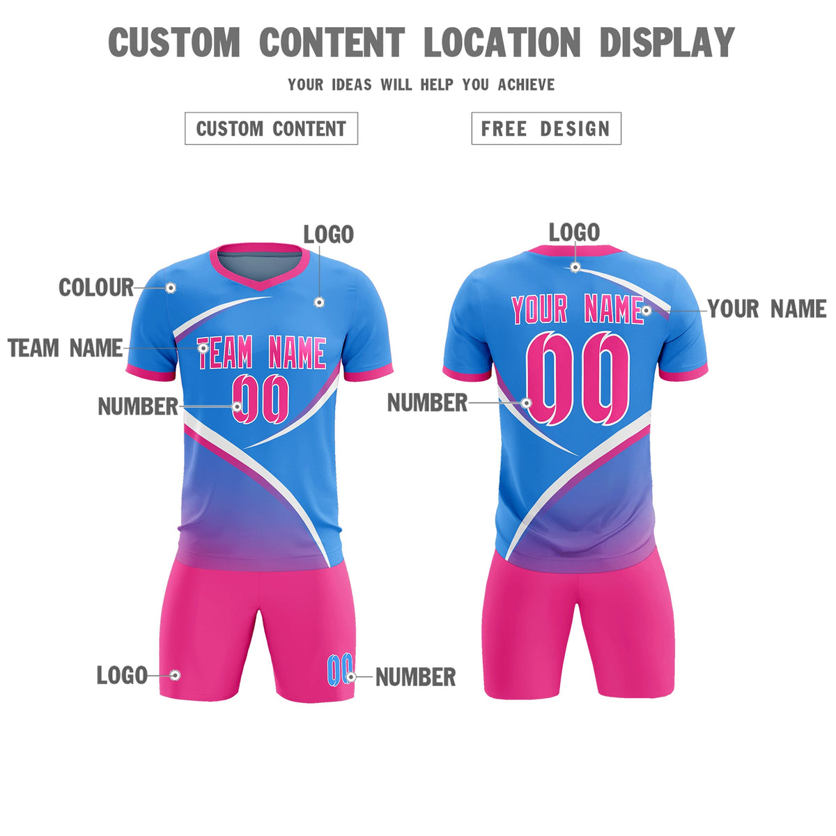 Custom Powder Blue Pink Color Block Training Uniform For Men Soccer Sets Jersey