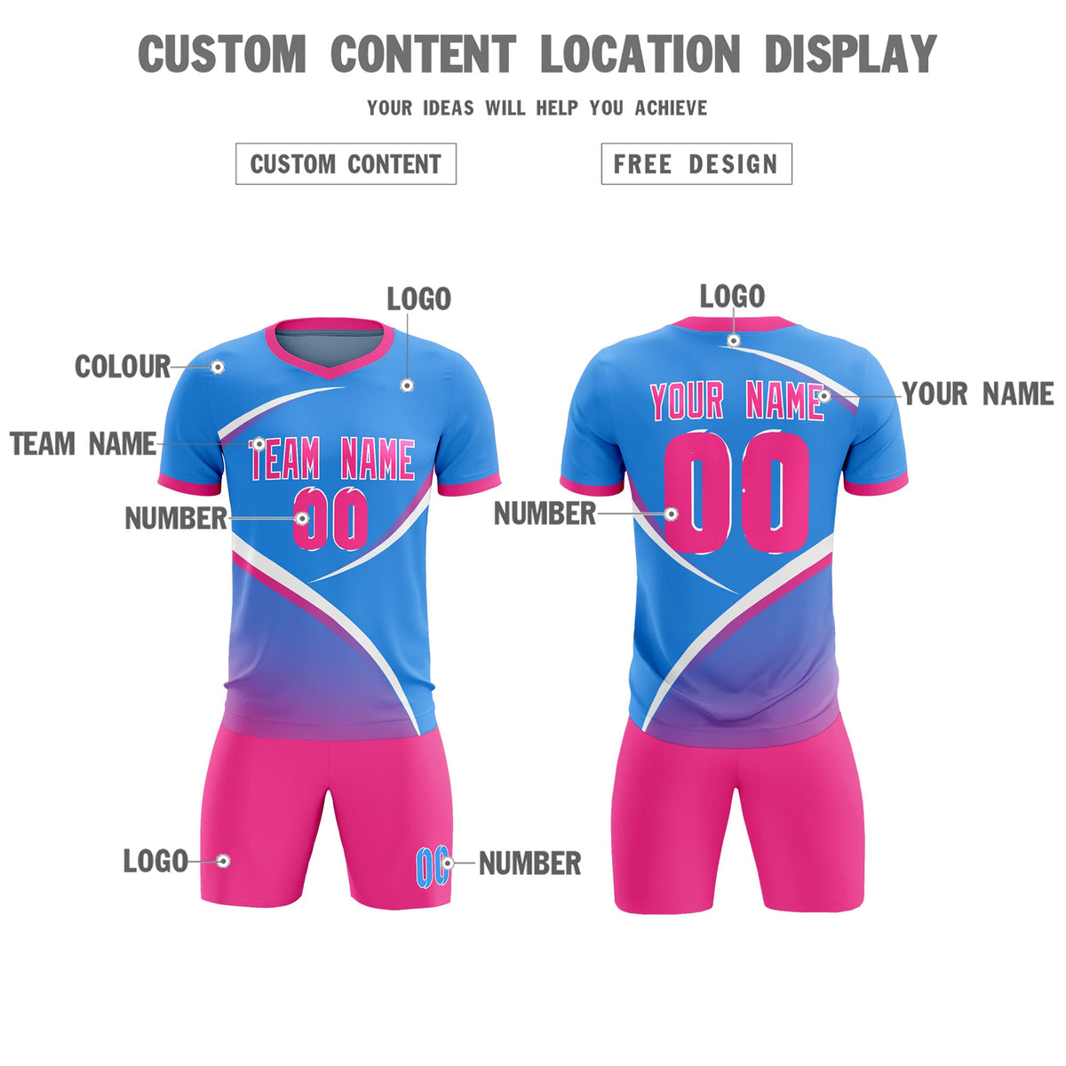 Custom Powder Blue Pink Color Block Training Uniform For Men Soccer Sets Jersey